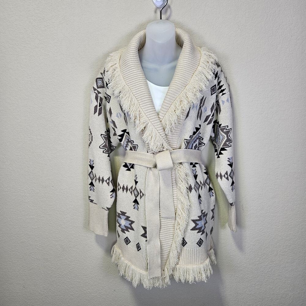 WILDFOX Adobe Fringe Cardigan Sweater S Cream Aztec Belted Tribal Winter NWT